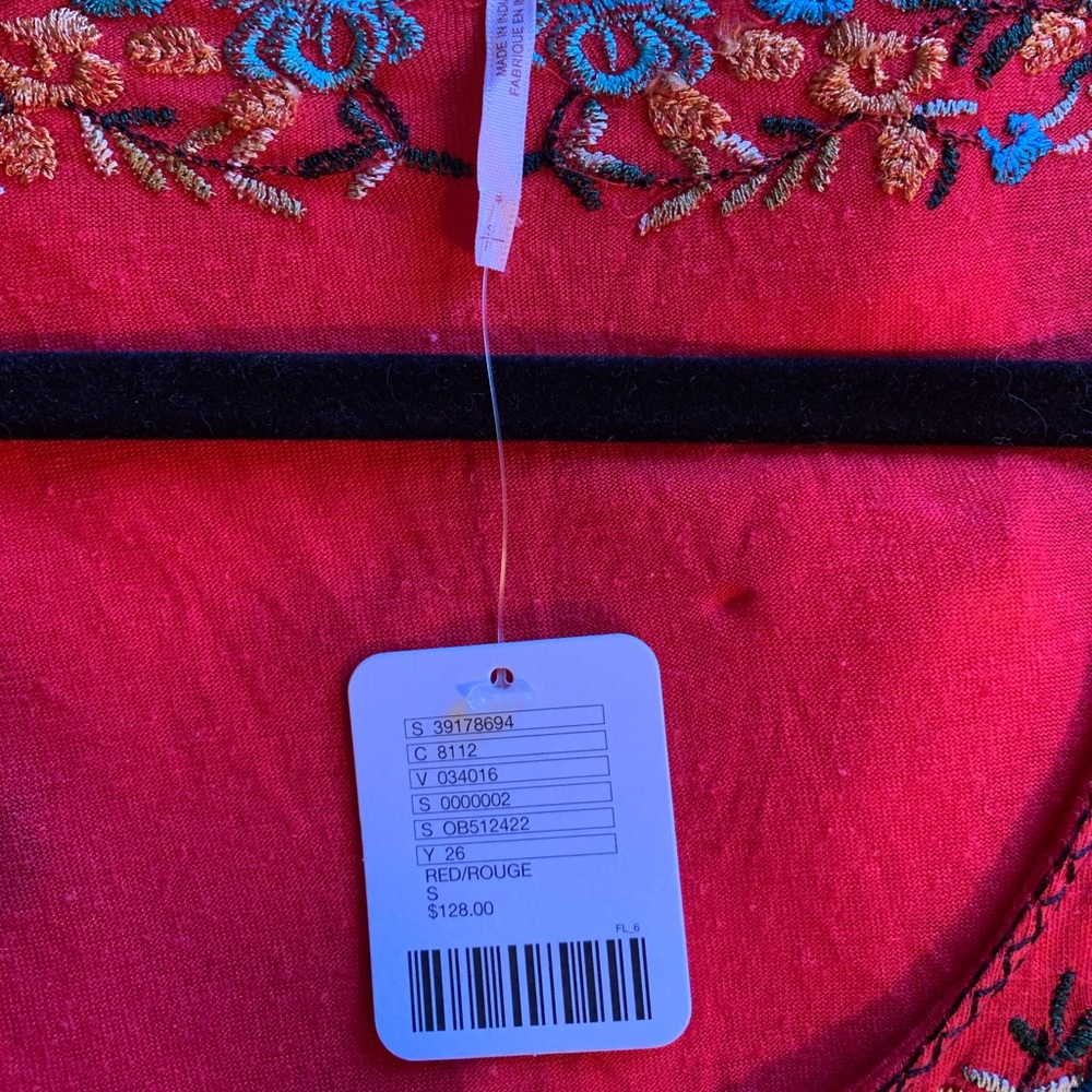 Free People Bohemian Red Embroidered Billowy Puff Bell Sleeve Top NWT - Picture 8 of 8